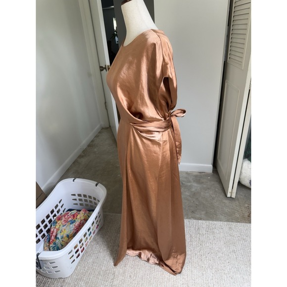 Bohme Satin Maxi Dress Copper Bronze Tie Waist Short Sleeve Medium Modest - Picture 4 of 8